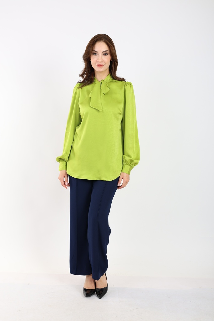 Bow Tie Blouse -Satin Lime Green 